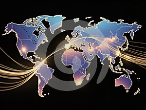 Global Network Connections: A World Map of Light Trails and Data Flow
