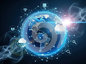 Global Network & Digital Communication Blue Earth Sphere with Tech Icons and Data Connections