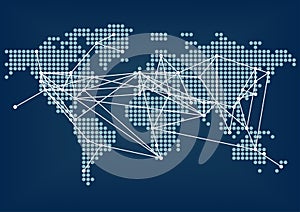 Global network connectivity represented by dark blue world map with connected lines