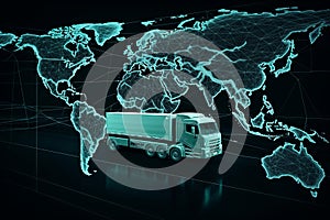 Global network coverage world map,Truck with Industrial Container Cargo for Logistic Import Export AI generated