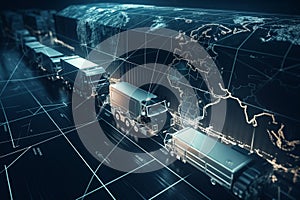 Global network coverage world map,Truck with Industrial Container Cargo for Logistic Import Export AI generated