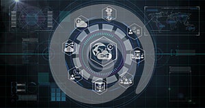 Global network and data processing image over digital interface with icons