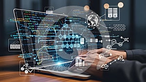 Global Network & Data Security: Developer Working on Futuristic Laptop