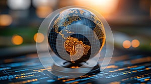 Global network data visualization, futuristic city backdrop