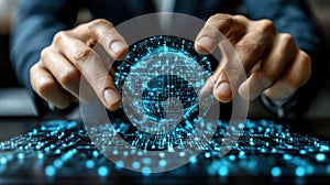 Global network, hands, digital sphere, office, connection