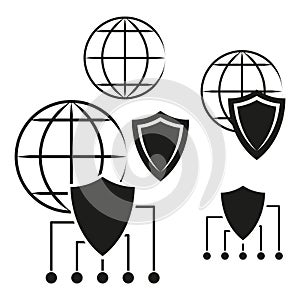 Global network icon. Vector shield design. Internet security symbol. Data protection graphic.