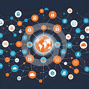 a global network with icons and a globe