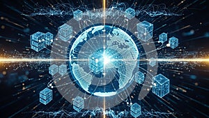 Global network of interconnected digital cubes and lines representing blockchain technology and data transfer across
