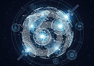 Global network of interconnected digital nodes and futuristic data flow visualization