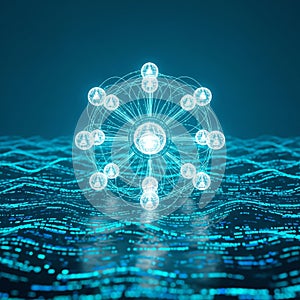 Global Network: Interconnected Digital Nodes in a Teal Data Stream