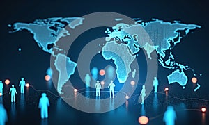 Global network interconnected people silhouettes glowing nodes blue