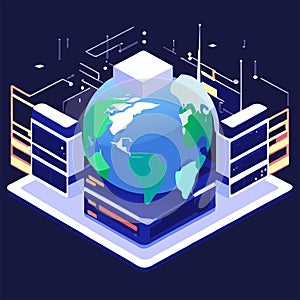 etwork isometric concept. Internet communication and telecommunication. Data center server room and cloud computing. Generative AI