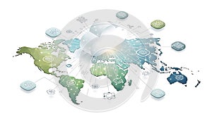 A global network map with cloud computing and data exchange connections across the world