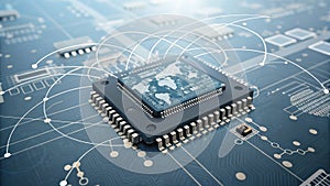 Global Network Microchip 3D Render, Connectivity, Technology Microprocessor, IoT