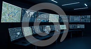 Global Network Monitoring Center A modern network operations center with multiple large screens displaying realtime data and