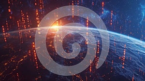 Global Network, Planet Earth With Binary Code, Data Transfer, Digital Communication At Night.