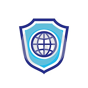 Global network protection concept icon. Secure guard protect symbol. Shield and globe sign. Vector illustration