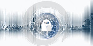 Global network security system technology. Globe and network connection and lock icon. Element of this image are published by NASA photo