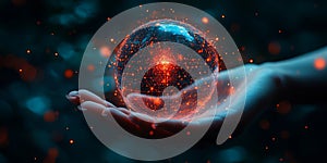 Global network sphere in hand futuristic technology data connection communication abstract conceptual visualization