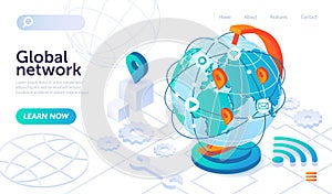 Global network technology with big globe on white background with digital icons