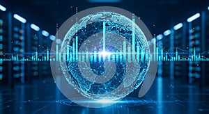 Global network technology data analysis and server room connection concept generated by ai