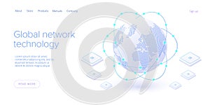 Global network technology in isometric vector illustration. World internet connection or social media online communication concept