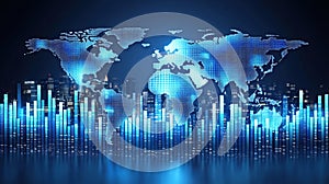 Global network, world map with city skyline and data visualization