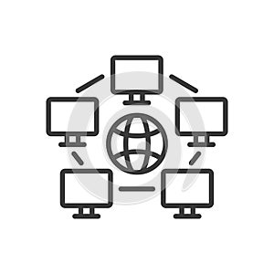 Global networking, icon in line design. Global, networking, connection, communication, internet, data, connectivity
