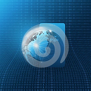 Global Networks Design with Network Mesh, Earth Globe and Smartphone Silhouette on Binary Code Pattern Background