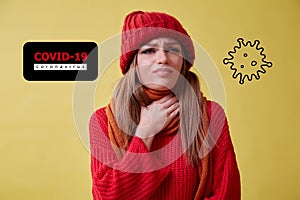 Global pandemic. Sars Cov2. Coronavirus symptoms. Sore throat. Virus infection. COVID-19 red inscription, ill woman photo