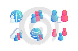 Global people teamwork isometric vector icons set. 3d globe business, social media network users, Internet communication