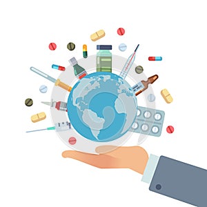 Global pharmaceuticals. Hand hold earth globe with pills vaccines and drugs, different bottles and syringes, world