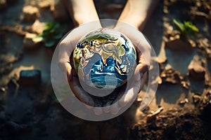 A global plea, Human hand, Earth globe, and the environment