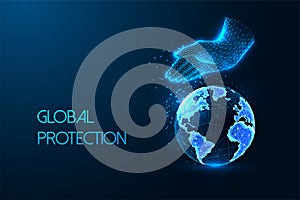 Global protection, social corporate responsibility futuristic concept with human hand guards Earth