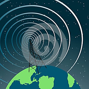 global radio tower sending out signals vector illustration