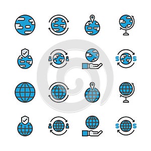 Global related in colorline icon set.Vector illustration