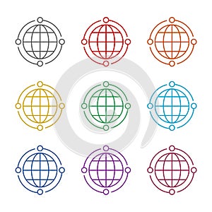 Global relocation line outline icon isolated on white background. Set icons colorful