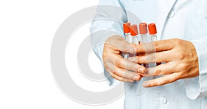 Global Research And Healthcape Concept. Male hands hold laboratory test tubes