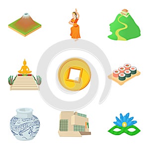 Global route icons set, cartoon style