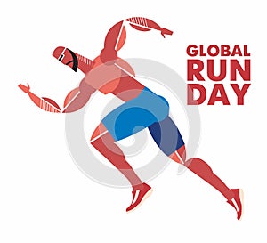 Global Run Day. Stylish strong sportsman runs. Stylized drawing