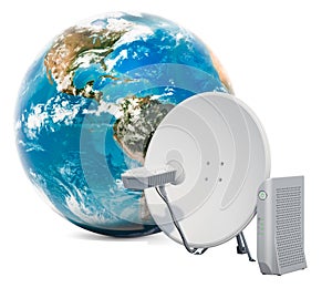 Global Satellite Internet access concept. Communication satellite dish with satellite modem. 3D rendering