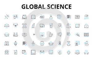 Global science linear icons set. Discovery, Innovation, Exploration, Advancement, Research, Technology, Breakthrough