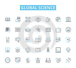 Global science linear icons set. Discovery, Innovation, Exploration, Advancement, Research, Technology, Breakthrough