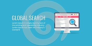 Global search - business, technology and internet concept. Flat design vector banner.