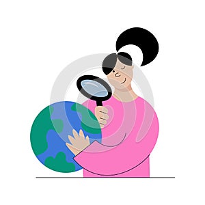 Global search concept. Vector illustration of a girl looking through magnifying glass on the globe doing market research or intern