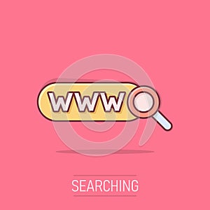 Global search icon in comic style. Website address cartoon vector illustration on isolated background. WWW network splash effect