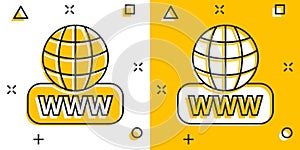 Global search icon in comic style. Website address cartoon vector illustration on white isolated background. WWW network splash