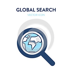 Global search icon. Vector illustration of a magnifier tool with earth globe symbol inside. Represents concept of online