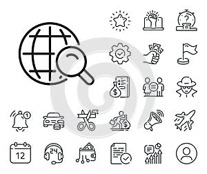 Global Search line icon. World sign. Salaryman, gender equality and alert bell. Vector