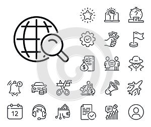 Global Search line icon. World sign. Salaryman, gender equality and alert bell. Vector photo